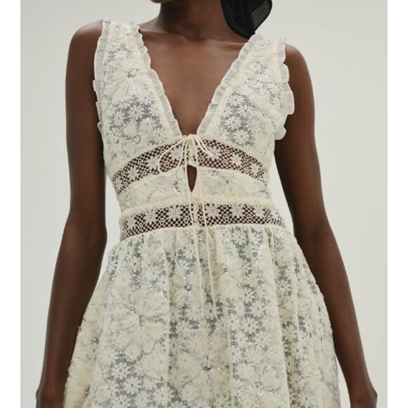 For Love & Lemons Cream Snowflake Daisy Lace & Sequin Mesh Midi Dress Medium - Picture 3 of 14